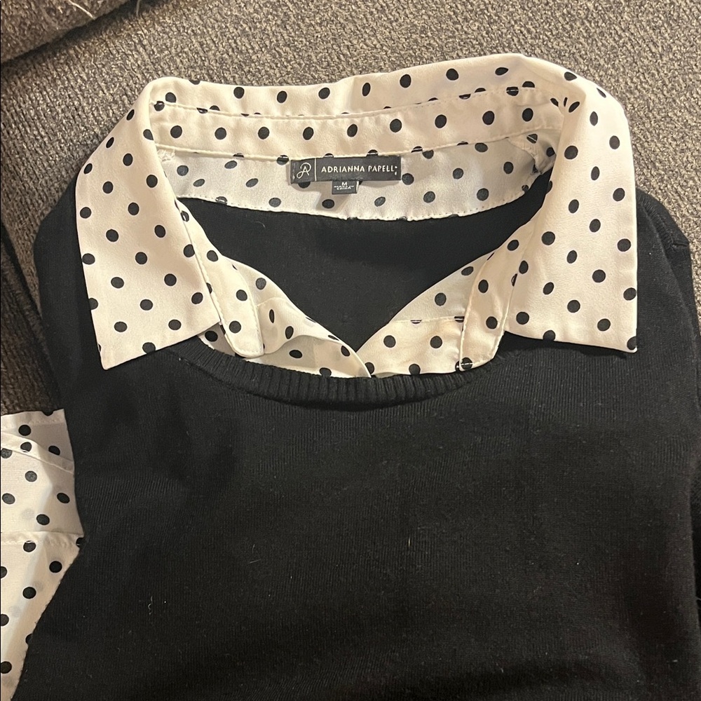 Adrianna Papell Black Sweater with White Polka Dot Collar